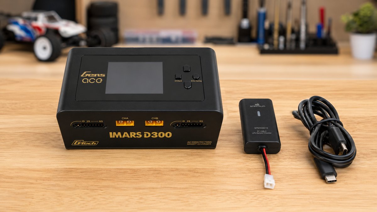 RC charger setup on a workbench