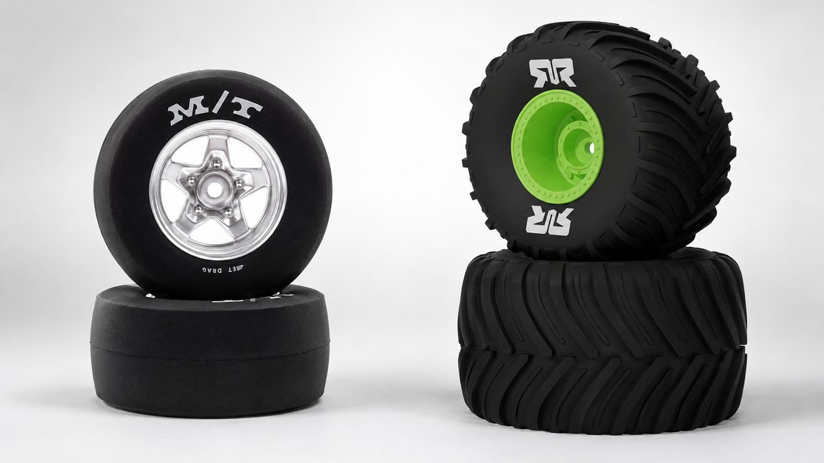 RC tires lined up for different terrain types