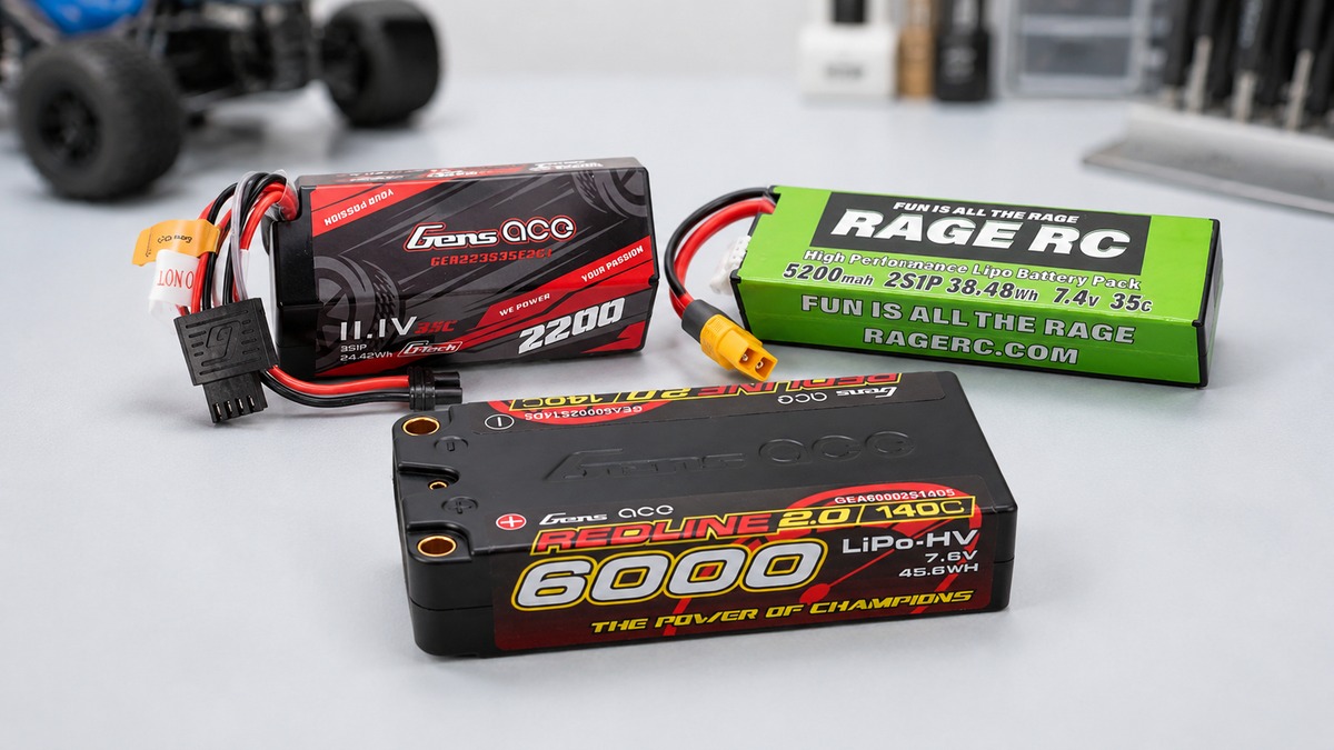 RC battery packs beside a vehicle tray