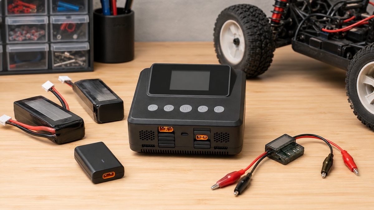 RC battery charger and packs on a bench