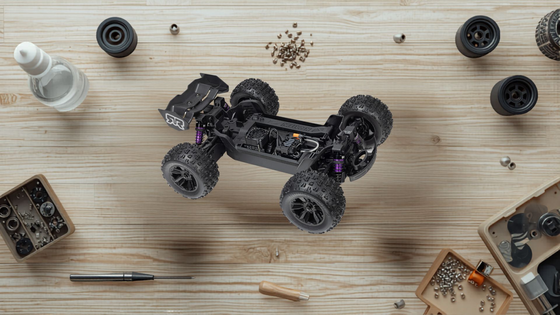 RC bearings and drivetrain parts on a bench