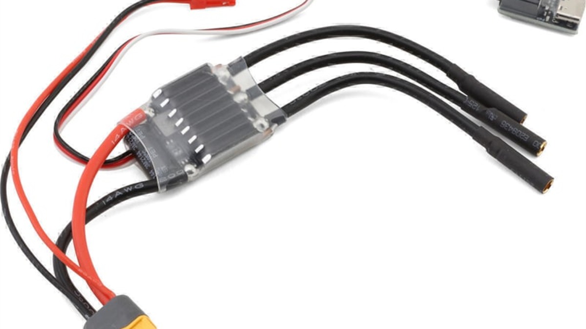 RC battery and ESC connectors on a bench