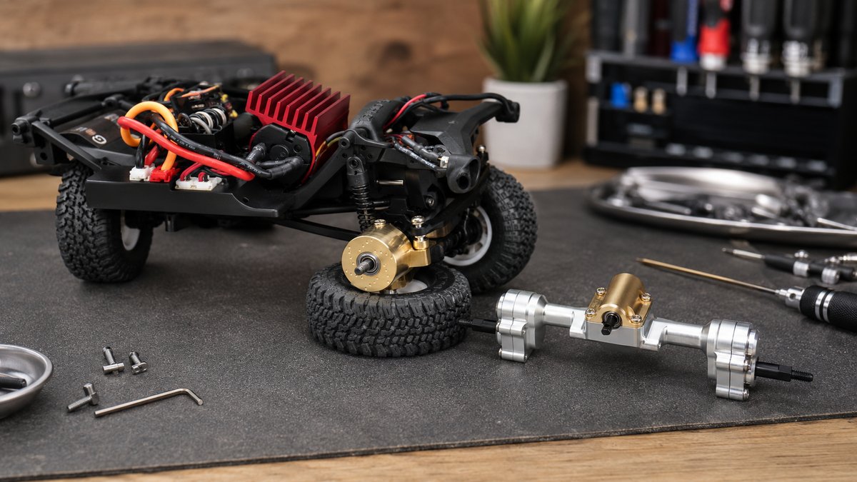 RC crawler with upgrade parts on a workbench