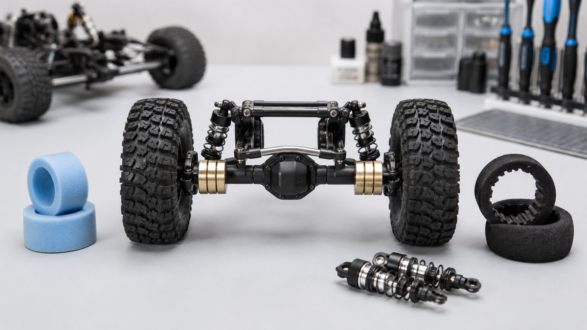 RC Crawler Weight Placement Guide setup on an RC workbench