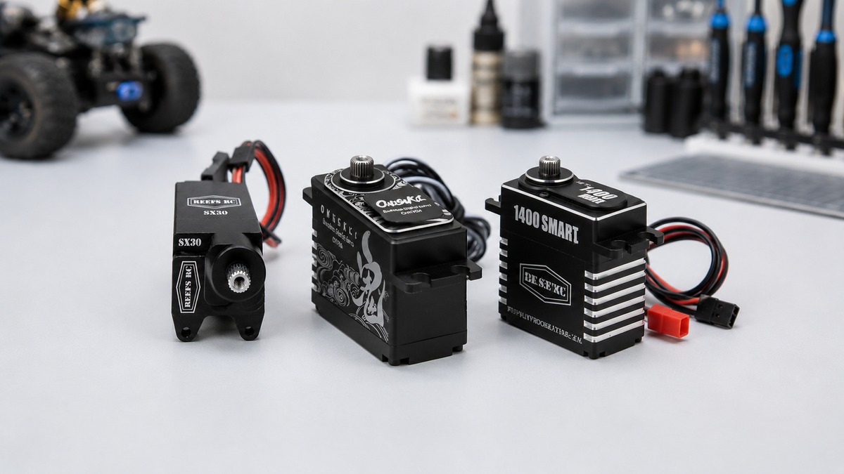 RC servo and steering parts on a workbench