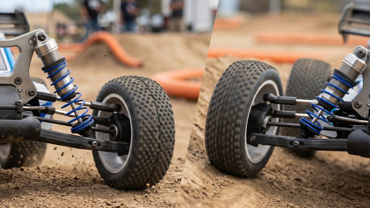 RC suspension components and shocks on a bench